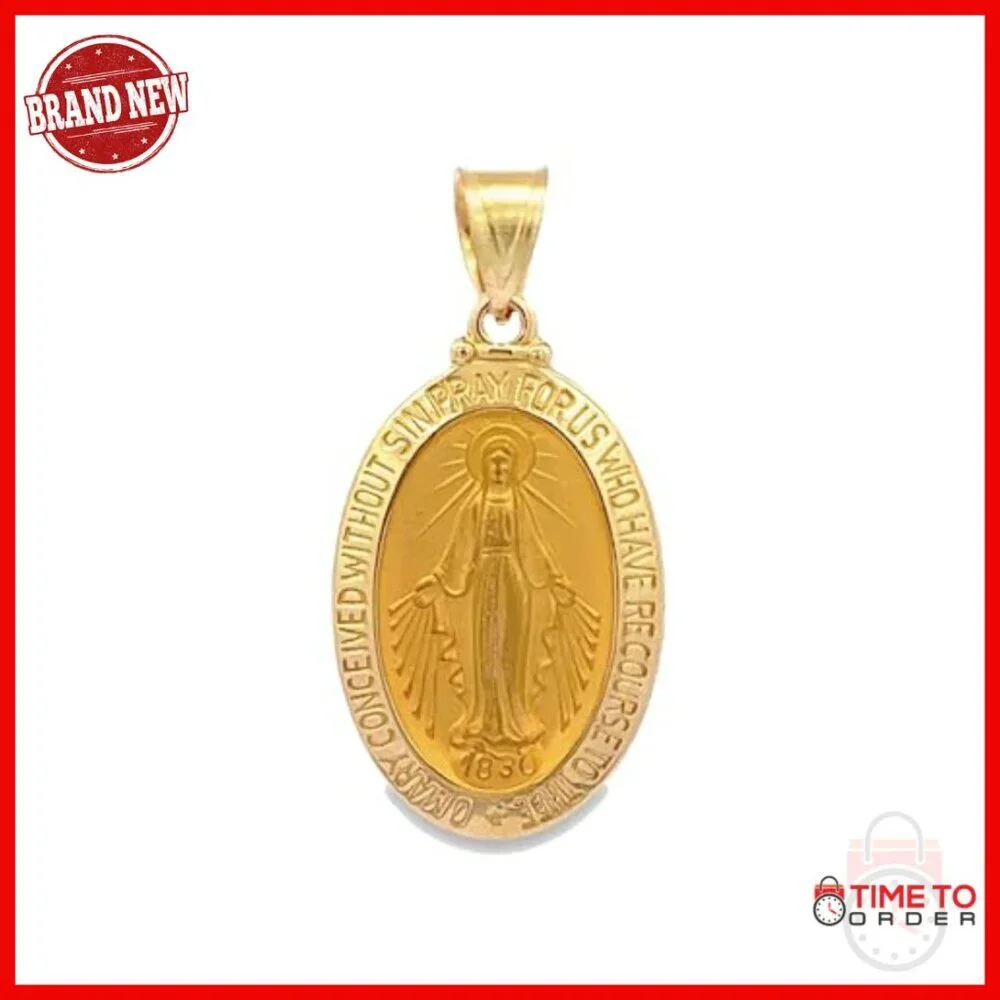 Solid 14K Gold Virgin Mary Pendant, Oval Medal for Women Men